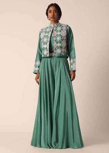 Green Art Silk Palazzo Set With Mirror Work