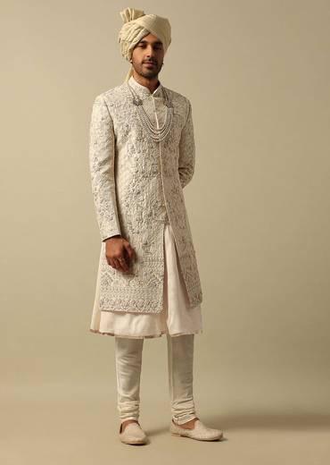 Opulent White Raw Silk Sherwani