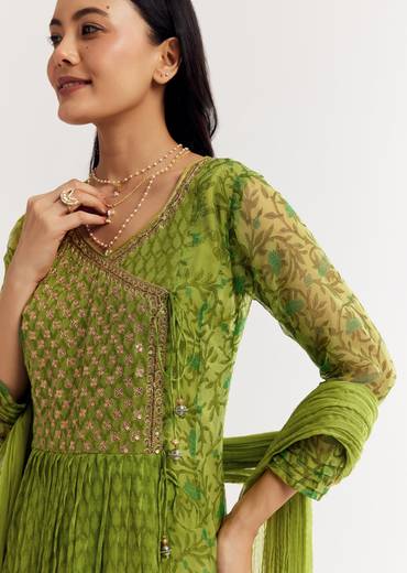 Parrot Green Floral Chiffon Anarkali Kurta Set With Dupatta