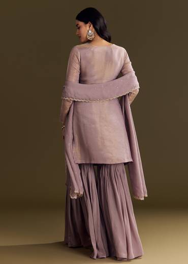 Lavender Tissue Zardosi Embroidered Kurta Set With Organza Dupatta