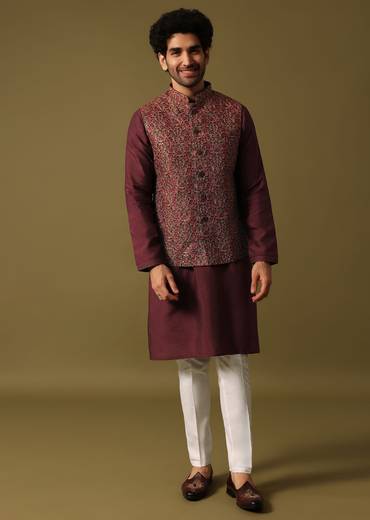 Red Cotton Kurta Jacket Set With Resham Work For Men