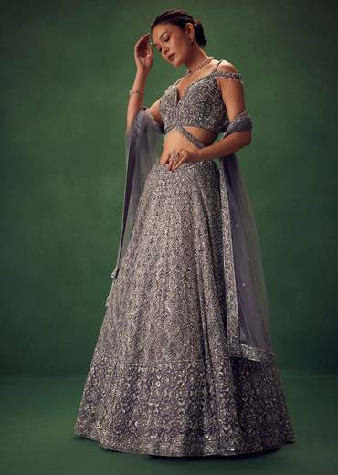 Grey Hand Embroidered Sequin Work Lehenga Set