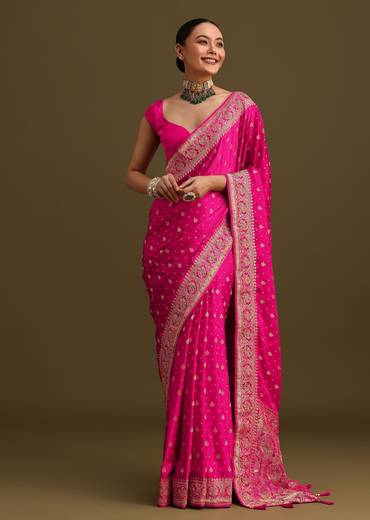 Rani Pink Zardosi Embroidered Saree With Unstitched Blouse