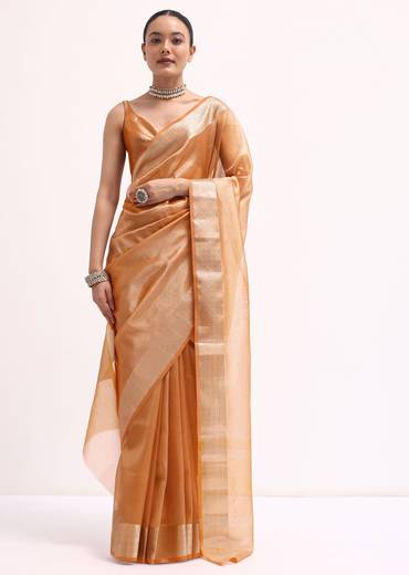 Orangish Gold Zari Chanderi Silk Saree With Unstitched Blouse