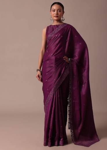 Wine Embroidered Tussar Saree With Unstitched Blouse