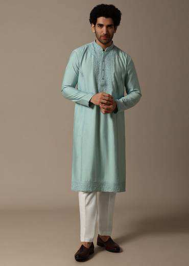 Mint Green Threadwork Silk Kurta Set For Men
