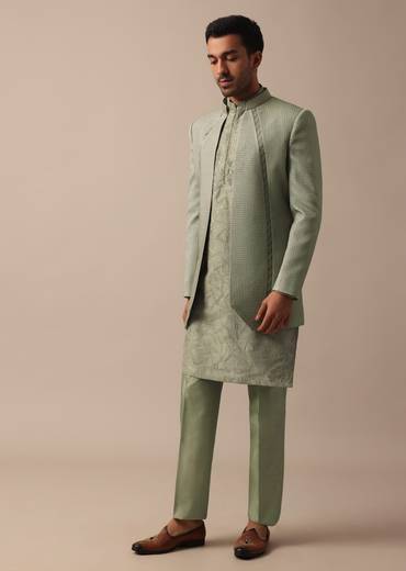 Elegant Green Indowestern Set Featuring Striking Self Work