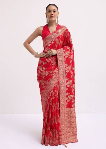 Red Zari Jaal Dola Silk Saree With Unstitched Blouse