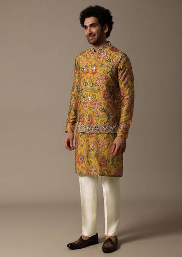 Yellow Floral Embroidered Silk Kurta Jacket Set For Men