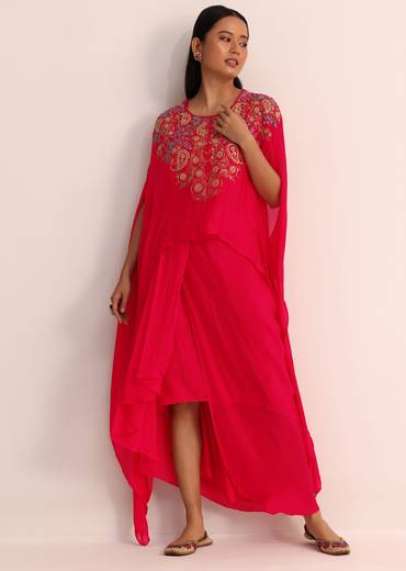 Pink Embroidered Chiffon Skirt And Cape