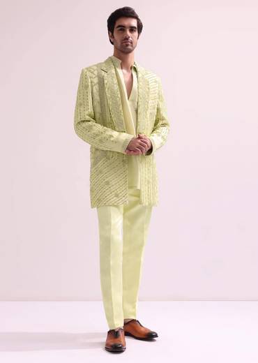 Lime Lapel Tuxedo With Butti Work Kurta And Pants