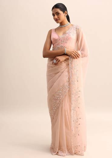 Peach Organza Saree With Cutdana And Sequins On Border And Unstitched Blouse