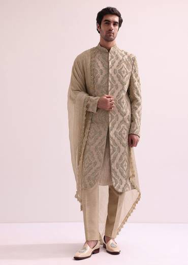 Beige Straight Cut Double Layered Sherwani And Kurta Set In Raw Silk