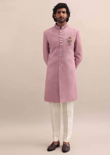 Pink Moti Embroidered Silk Nawabi Suit For Men