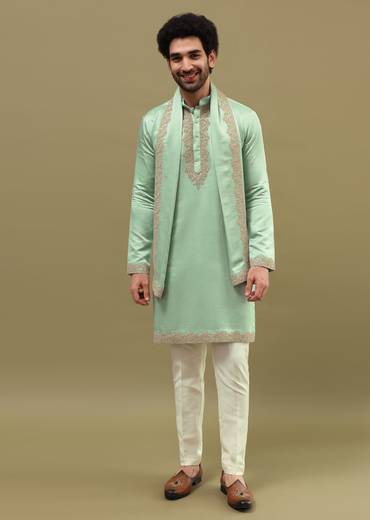 Pista Green Kurta Set In Resham Work With Dupatta For Men