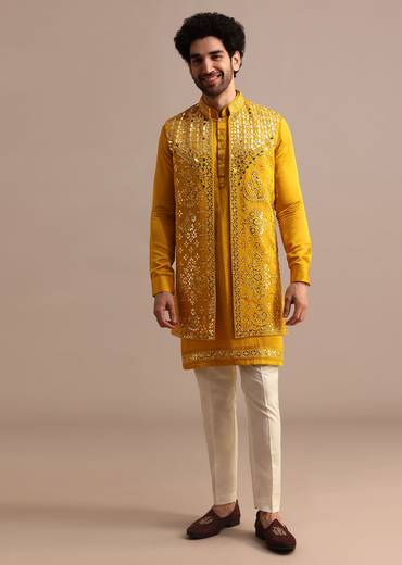 Mustard Yellow Mirror Embroidered Silk Kurta Jacket Set For Men