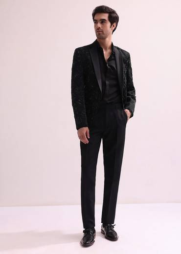 Black Stylized Cut Lapel Tuxedo With Shirt And Pants