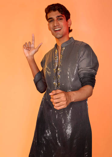 Grey Shaded Sequin Zipper Kurta With Black Pants