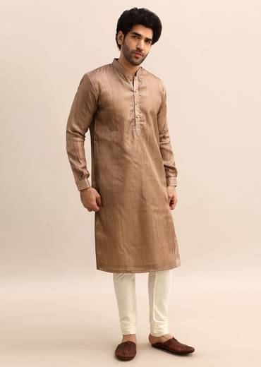 Brown Tussar Silk Plain Kurta Pyjama For Men