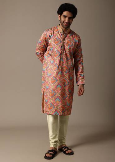 Pink And Green Printed Silk Kurta Set For Men