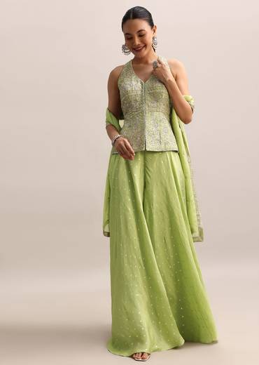 Light Green Embroidered Silk Kurta Palazzo With Dupatta