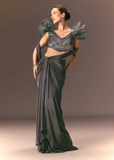 Metallic Pre Draped Saree With 3D Ruffle Blouse