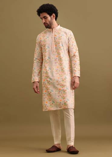Peach Printed Silk Kurta Set For Men