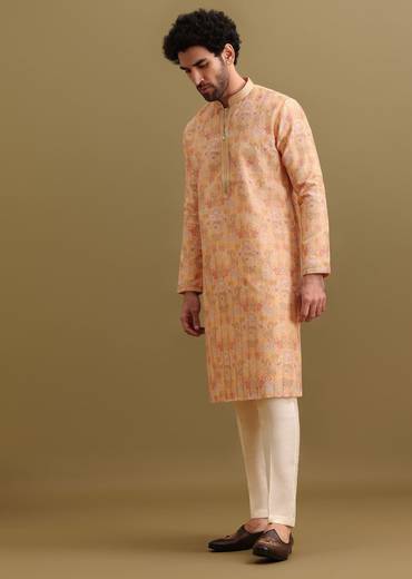 Yellow Printed Silk Zipper Kurta Set For Men