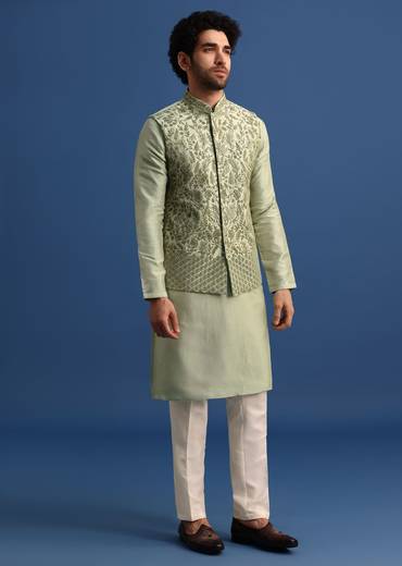 Pista Green Kurta Jacket Set With Resham Work For Men