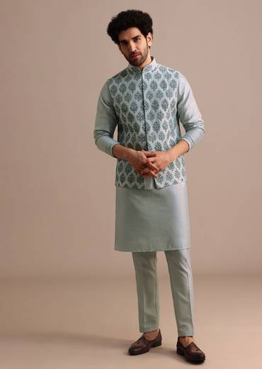 Aqua Blue Kurta Jacket Set With Dori Work And Stone Embroidery