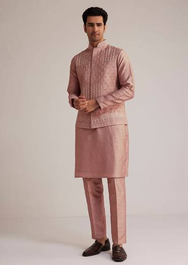 Onion Pink Raw Silk Kurta Set With Embroidered Nehru Jacket