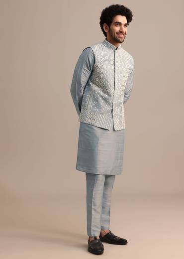 Grey Kurta Jacket Set With Thread And Mirror Work For Men