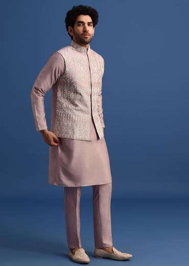 Lilac Kurta Jacket Set With Thread Work For Men