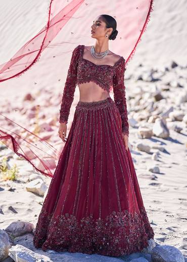 Red Organza Embroidered 12 Kali Lehenga And Blouse With Dupatta