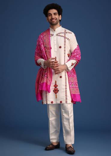 White Kurta Pant Set With Rani Pink Dupatta