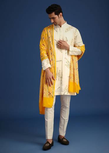 Off White Embroidered Kurta Set With Bandhani Dupatta