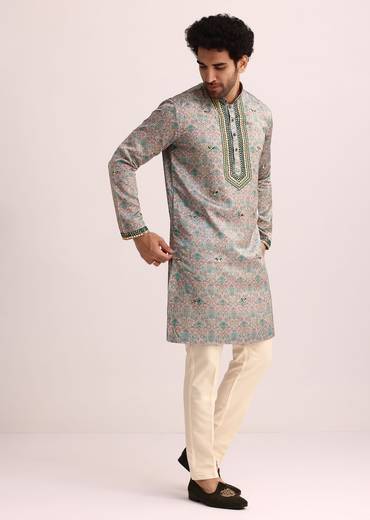 Pista Green Printed Kurta Set With Mirror Work