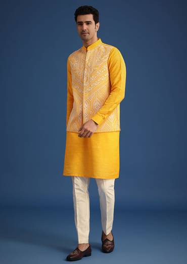 Yellow Embroidered Jacket And Kurta Set In Silk