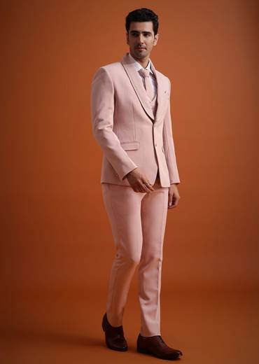 Beige Tuxedo And Pant Set With Cutdana Embellishments