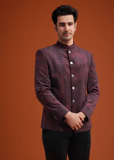Maroon Printed Jodhpuri Suit With Pocket Square