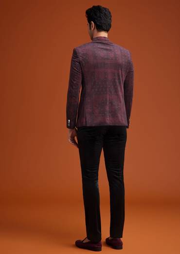 Maroon Printed Jodhpuri Suit With Pocket Square