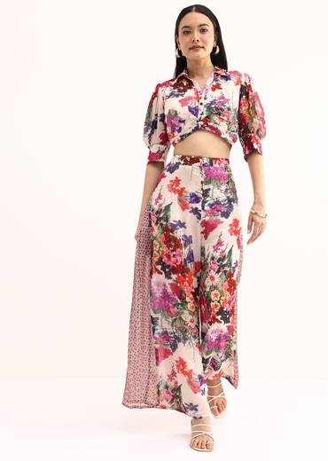 White Floral Printed Chinon Crop Top And Palazzo