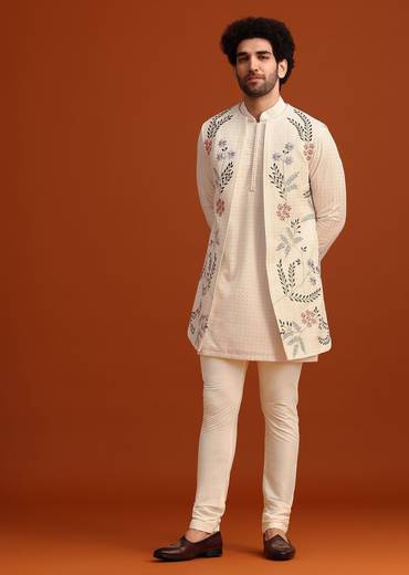 Ivory Silk Jacket And Kurta Set With Resham Work