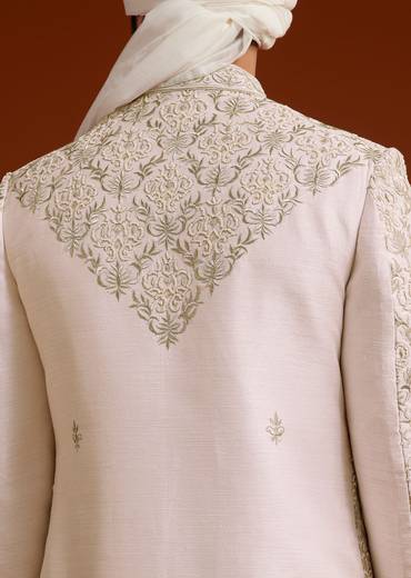 Pink Zari Pearl and Resham Embroidered Sherwani Set