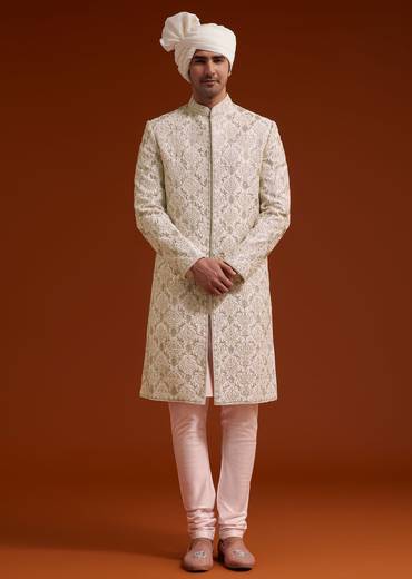 Pink Zari Pearl and Resham Embroidered Sherwani Set