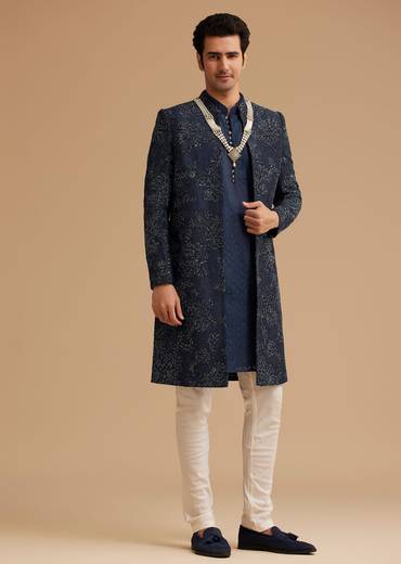 Navy Blue Silk Open Sherwani With Zardosi Embroidery