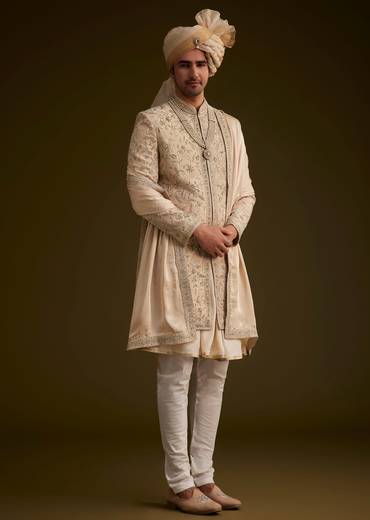 Fawn Silk Sherwani With Zardosi Embroidery