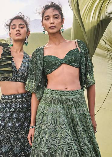 Emerald Green Heavy Crystal Cut Embroidered Lehenga With Cape