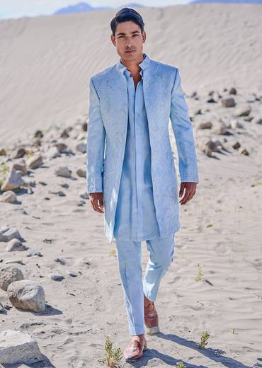 Turquoise Embroidered Linen Sherwani Suit