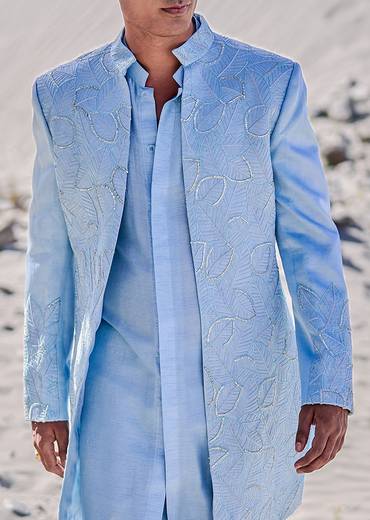 Turquoise Embroidered Linen Sherwani Suit